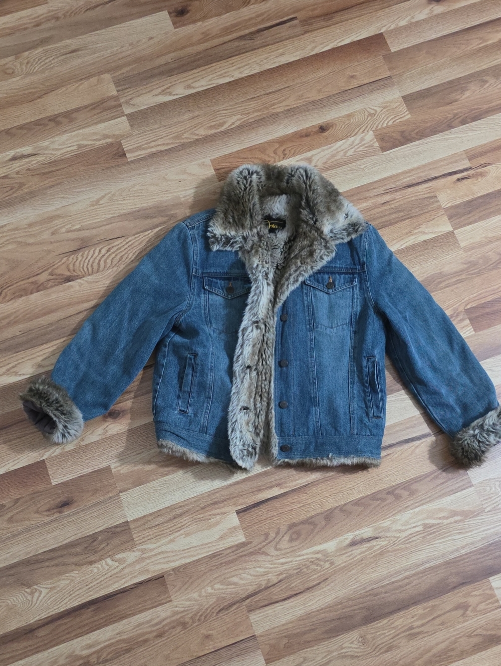 Womens Denim Jacket FauxFur Lined Jacket Blue/Taupe Fur Quilted Lining In Arms M